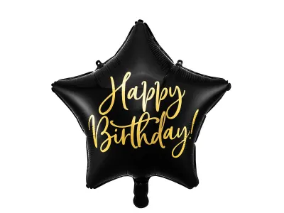 Кулька фольгована зірка "Happy Birthday" D 40 см ЧОРНА